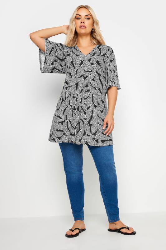 YOURS Plus Size Black Leaf Print Swing Top | Yours Clothing 2
