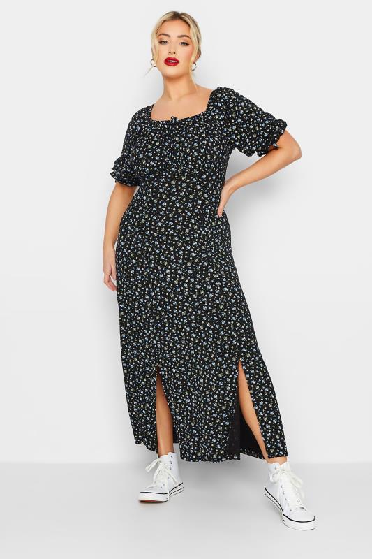 LIMITED COLLECTION Plus Size Black Floral Milkmaid Side Split Maxi Dress | Yours Clothing  1