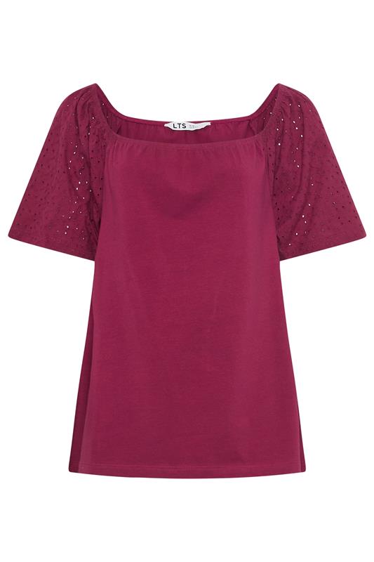 LTS Tall Women's Berry Red Embroidered Sleeve Cotton Top | Long Tall Sally 5