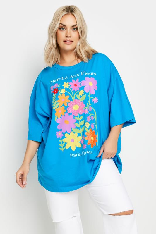 Grande Taille YOURS Curve Blue Floral Print 'Paris, France' Slogan T-Shirt