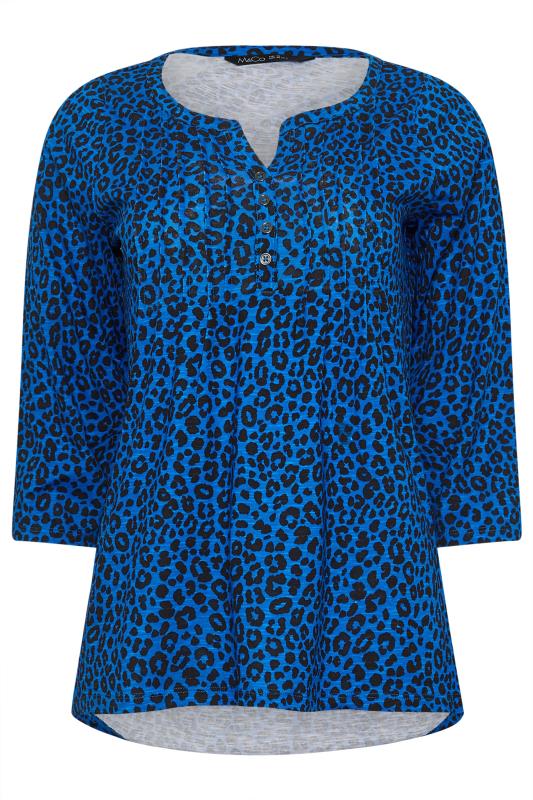 M&Co Cobalt Blue Leopard Print 3/4 Sleeve Henley T-Shirt | M&Co 1