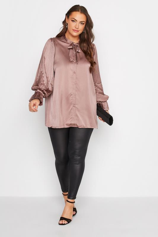 YOURS LONDON Plus Size Pink Satin Pleated Bow Blouse | Yours Clothing  2