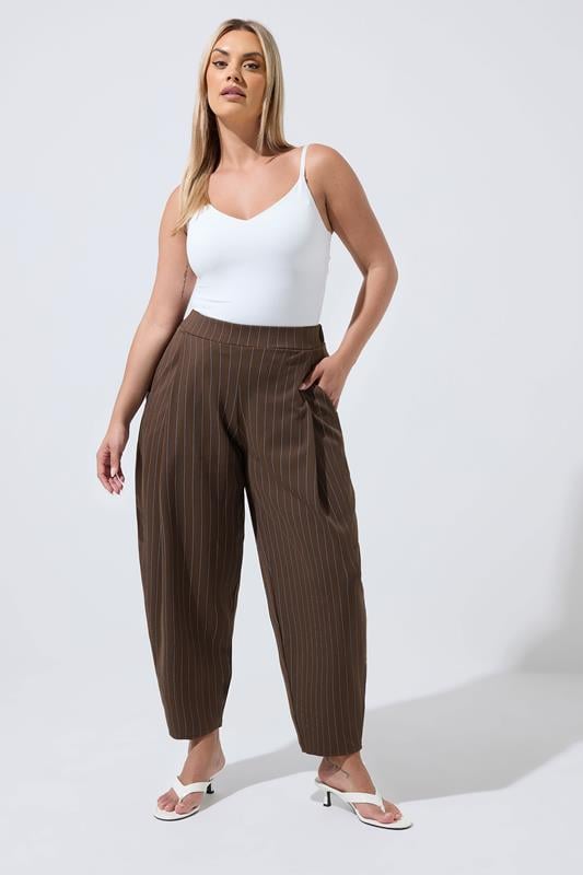  LIMITED COLLECTION Curve Chocolate Brown & Blue Pinstripe Barrel Leg Trousers