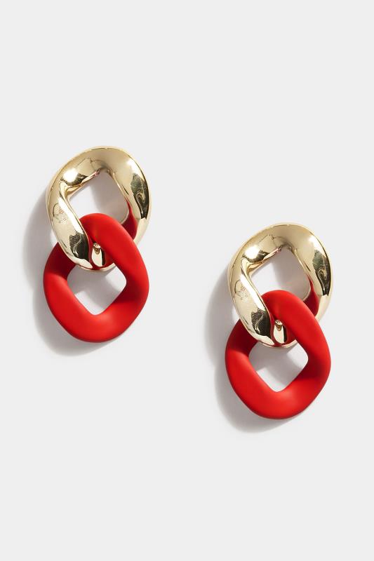 Tall  Yours Red & Gold Tone Chain Link Statement Earrings