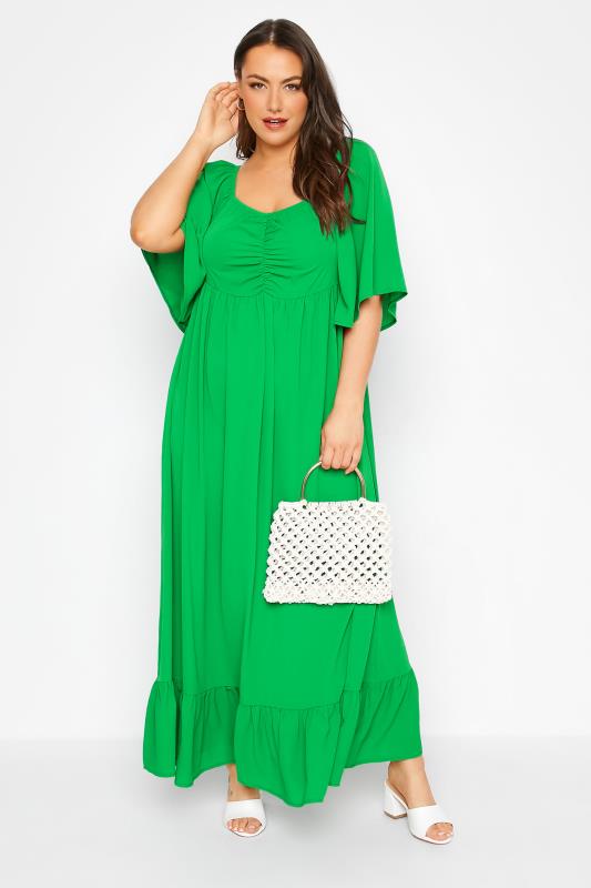LIMITED COLLECTION Curve Green Ruched Angel Sleeve Dress 1