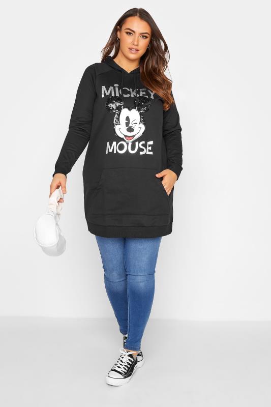 DISNEY Plus Size Black Minnie Mouse Sequin Longline Hoodie | Yours Clothing 2