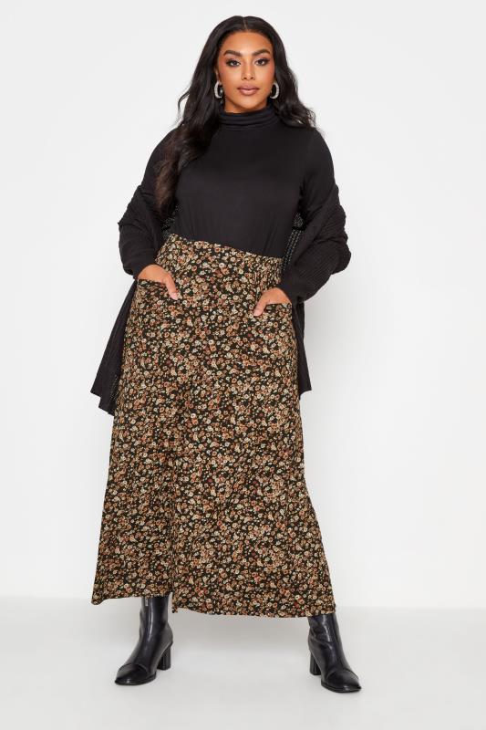  Grande Taille Black Ditsy Floral Maxi Skirt