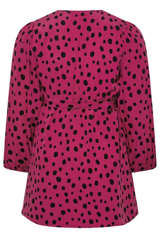 Plus Size Dark Pink Dalmatian Print Balloon Sleeve Wrap Top | Yours Clothing 7