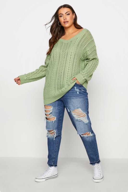 Plus Size Curve Green V-Neck Knitted Jumper | Yours Clothing 2