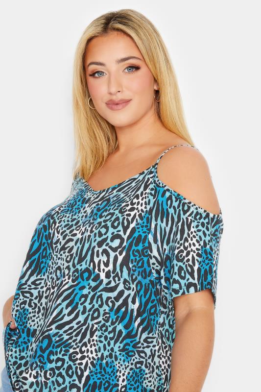 YOURS Plus Size Blue Leopard Print Cold Shoulder Top | Yours Clothing 4