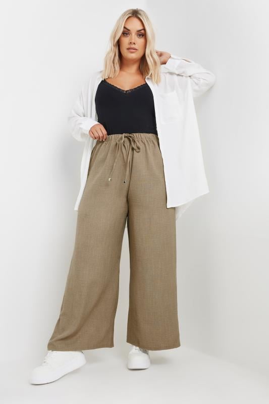 YOURS Plus Size Natural Brown Wide Leg Trousers | Yours Clothing  2