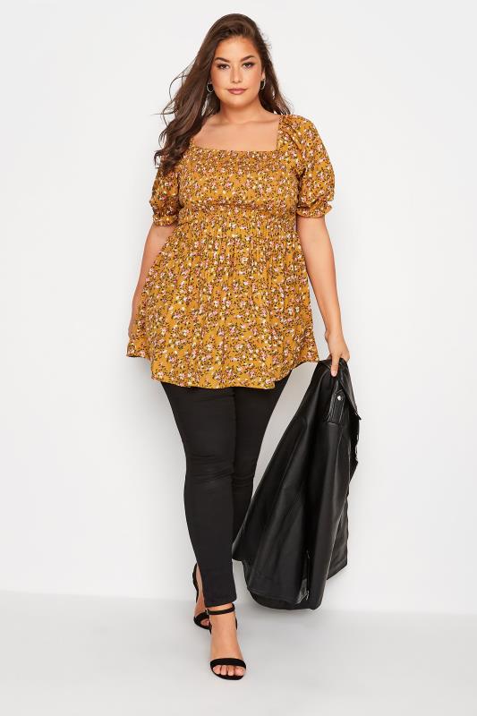 LIMITED COLLECTION Plus Size Orange Floral Puff Sleeve Peplum Top | Yours Clothing 2