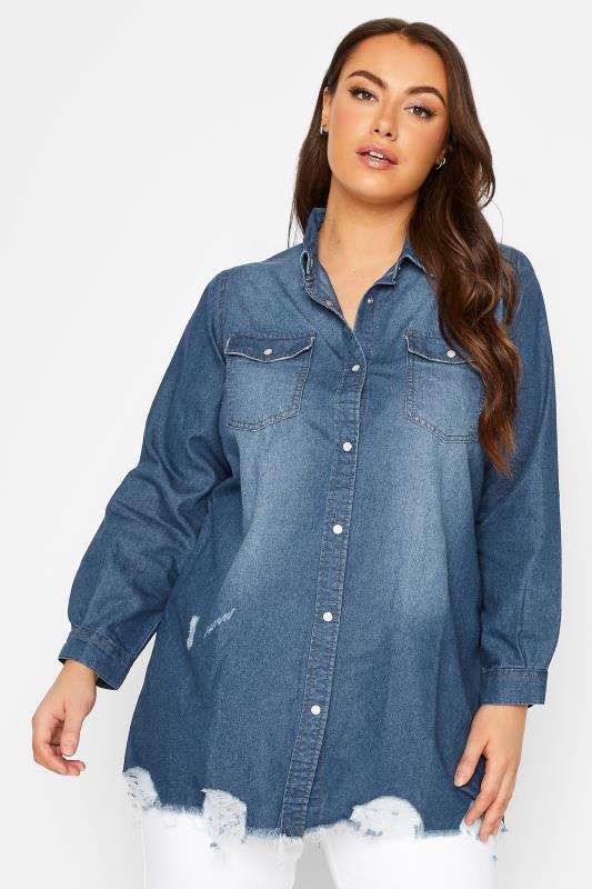 Plus Size Blue Distressed Denim Shirt | Yours Clothing  5