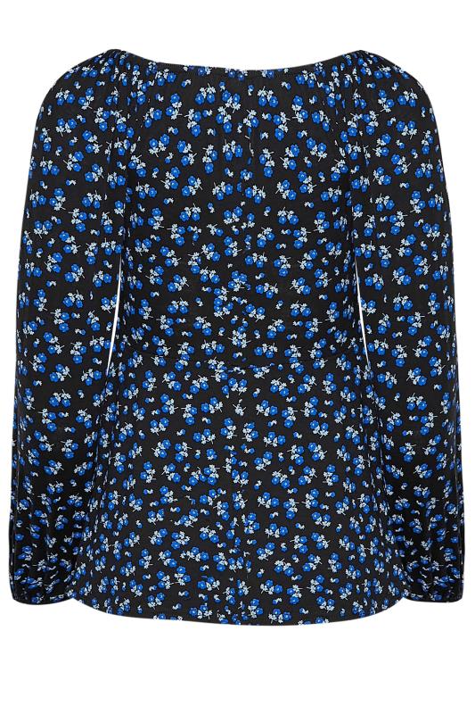 Petite Black & Blue Ditsy Print Ruched Top 9