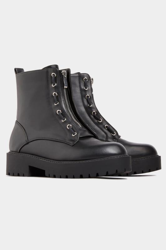 Wide Fit Boots LIMITED COLLECTION Black Vegan Faux Leather Zip Chunky Boots In Wide Fit