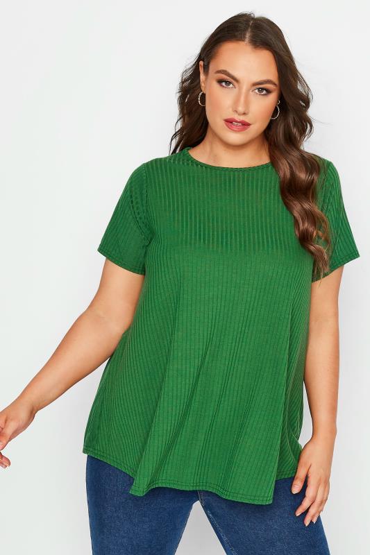 LIMITED COLLECTION Curve Forest Green Ribbed Short Sleeve Swing T-Shirt | Yours Clothing 1