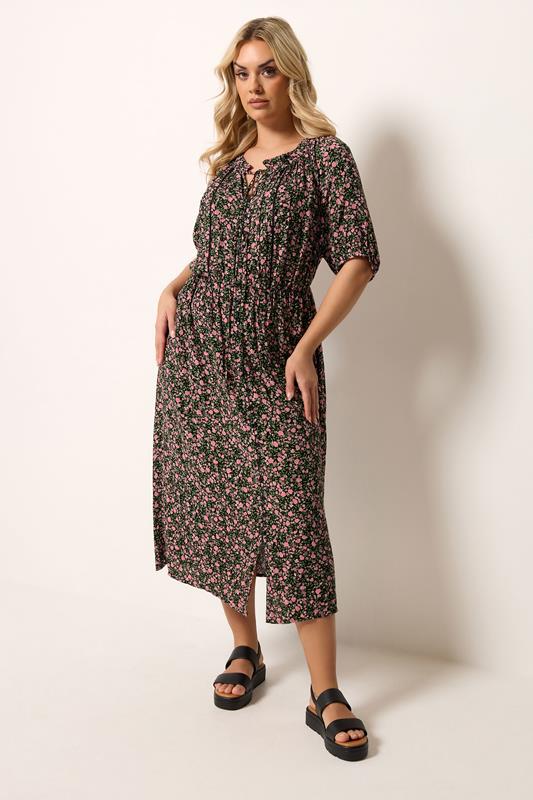YOURS Plus Size Black Ditsy Floral Pintuck Maxi Dress | Yours Clothing 1