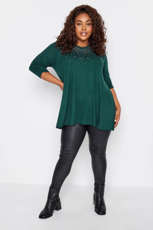 YOURS Plus Size Forest Green Stud Embellished Swing Top | Yours Clothing