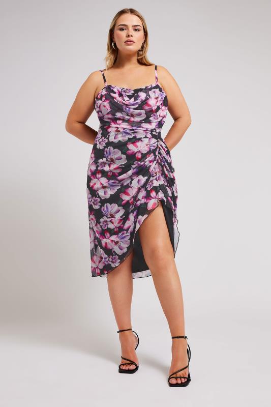 YOURS LONDON Plus Size Black Floral Print Gathered Dress | Yours Clothing  3