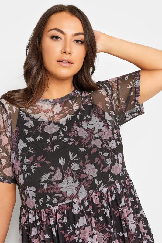 YOURS Plus Size Black Floral Print Mesh Smock Dress | Yours Clothing 4