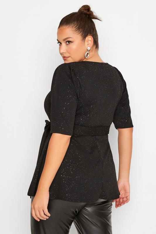 YOURS LONDON Plus Size Black Glitter Notch Neck Peplum Top | Yours Clothing 3