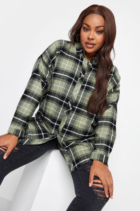 YOURS Plus Size Khaki Green Check Print Oversized Shirt | Yours Clothing 4