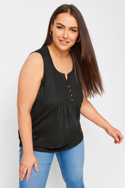 YOURS Plus Size Black Pintuck Henley Vest Top | Yours Clothing 1