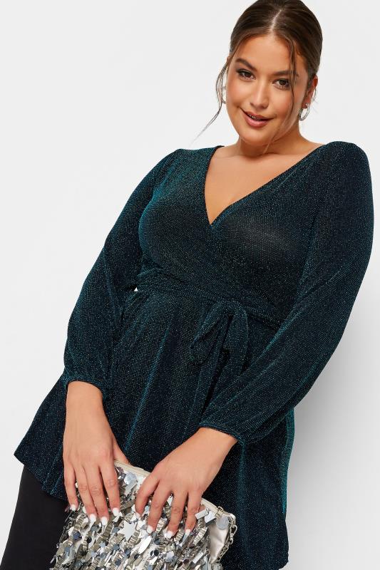 YOURS LONDON Plus Size Teal Blue Glitter Wrap Top | Yours Clothing 4
