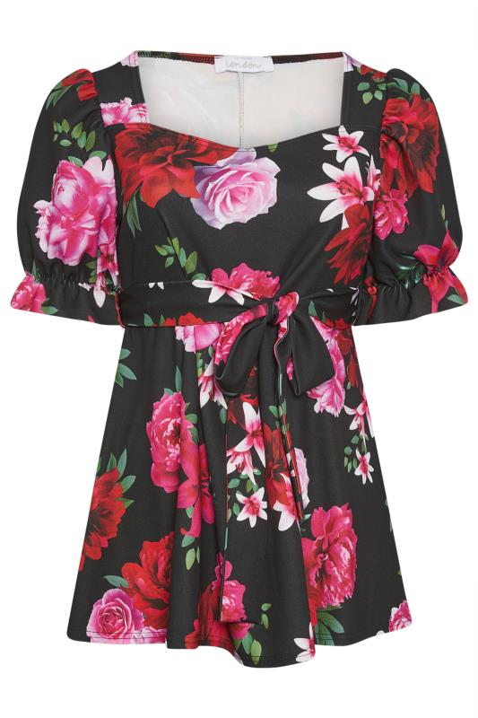 YOURS LONDON Plus Size Black & Pink Floral Print Peplum Top | Yours Clothing 5