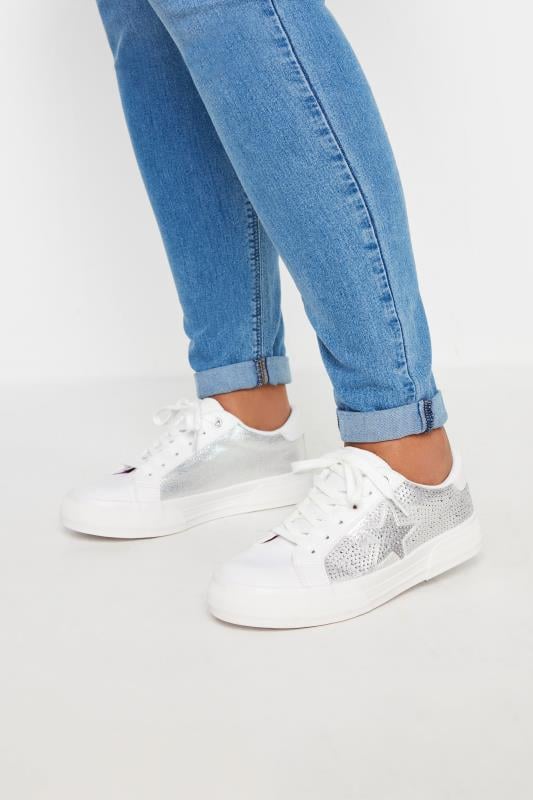 Plus Size  White Diamante Star Trainers In Extra Wide EEE Fit