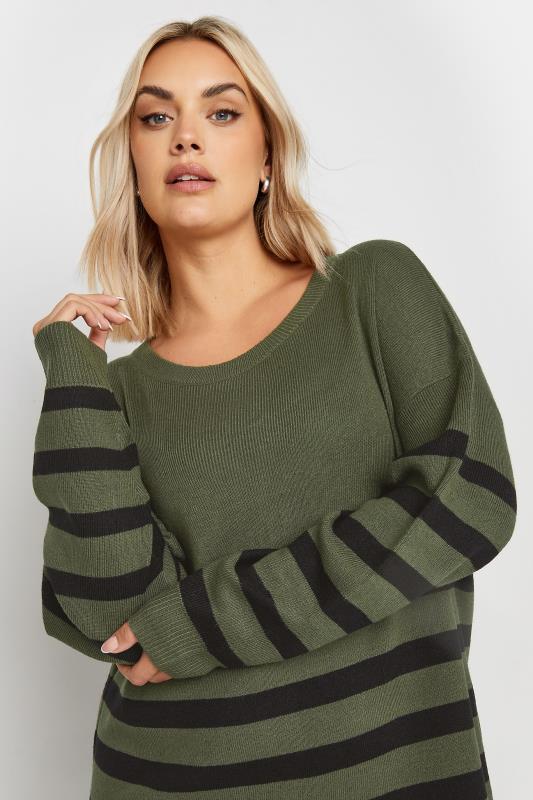 YOURS Plus Size Khaki Green Stripe Knitted Jumper Dress | Yours Clothing 4