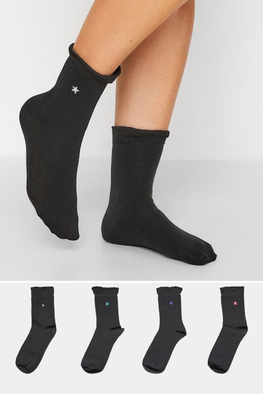  Tallas Grandes 4 PACK Black Embroidered Star Ankle Socks