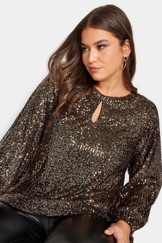 Plus Size  YOURS LONDON Curve Gold Sequin Keyhole Long Sleeve Top