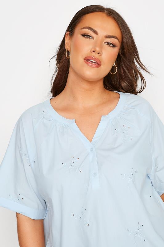 Plus Size Blue Embroidered Half Placket Raglan Blouse | Yours Clothing 4