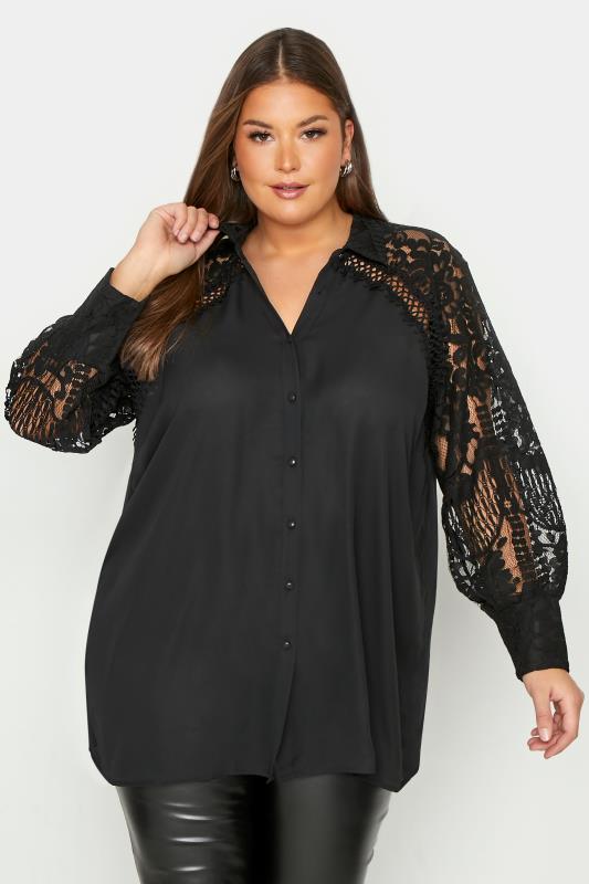  Grande Taille YOURS LONDON Black Floral Lace Sleeve Shirt