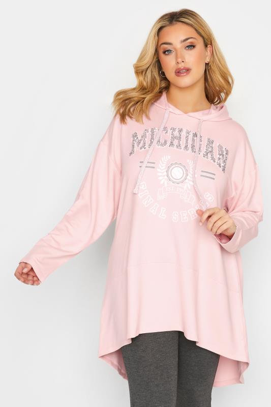 Plus Size  YOURS Curve Light Pink 'Michigan' Slogan Longline Hoodie