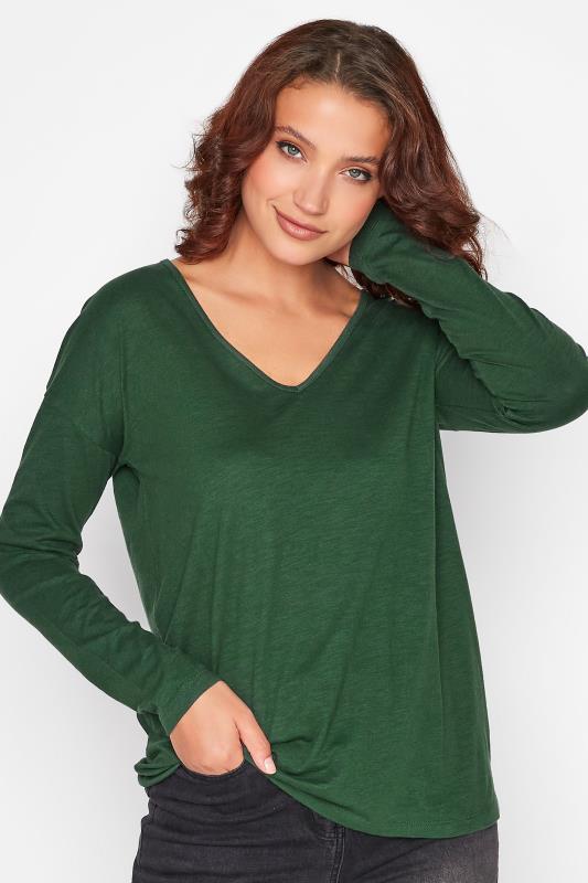LTS Tall Women's Forest Green V-Neck Long Sleeve Cotton T-Shirt | Long Tall Sally 1