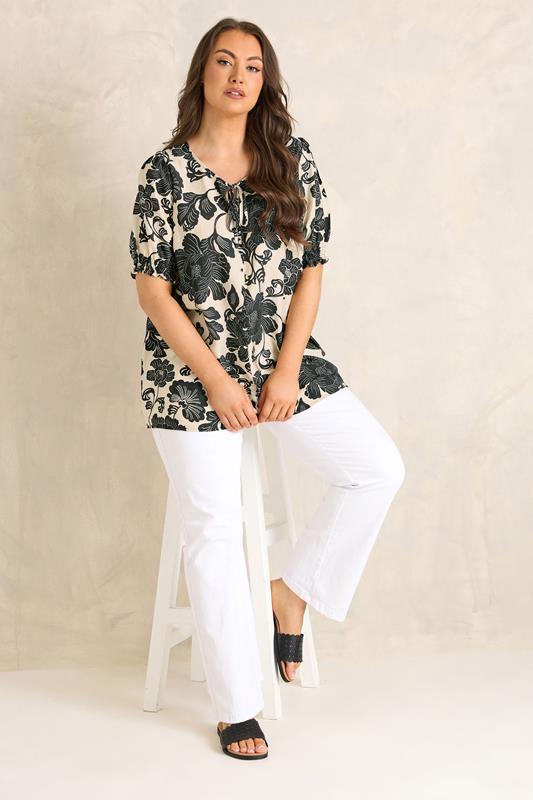 EVANS Plus Size Black Floral Tie Neck Blouse | Evans 1