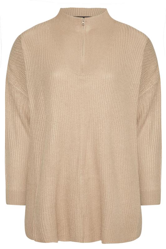Plus Size Curve Beige Brown Quarter Zip Knitted Jumper | Yours Clothing 6