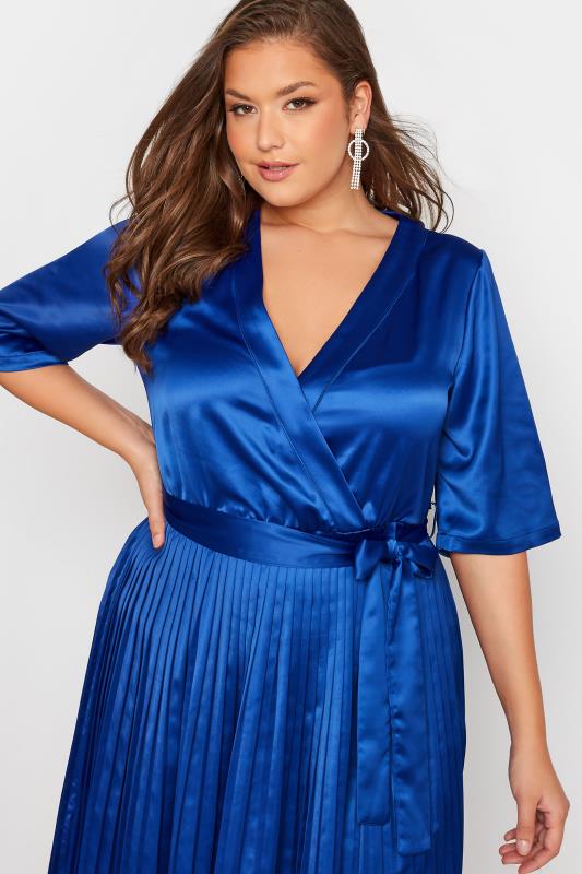 YOURS LONDON Plus Size Blue Satin Pleated Wrap Dress | Yours Clothing 4