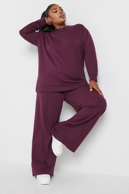 YOURS Plus Size Burgundy Red Crew Neck Sweatshirt & Wide Leg Jogger Co-Ord Set | Yours Clothing 2