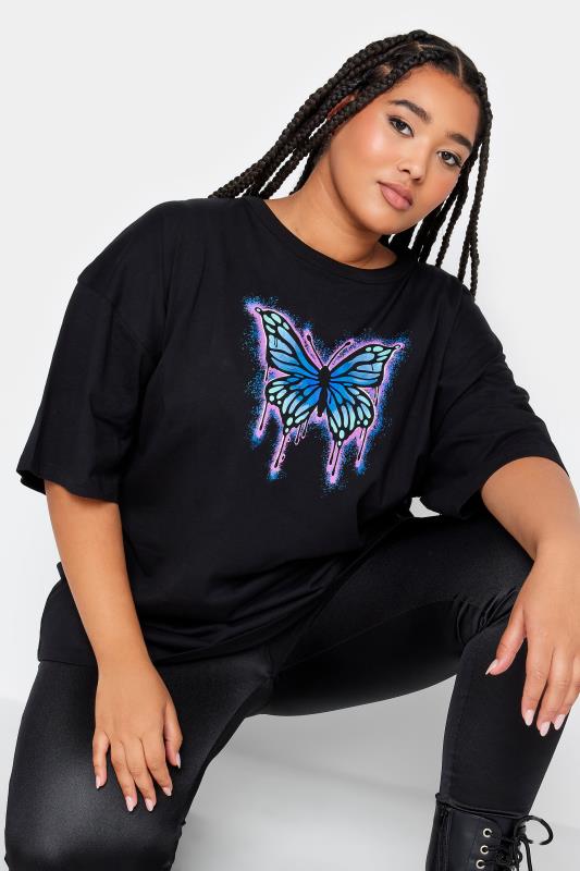 YOURS Plus Size Black Butterfly Print Boxy T-Shirt | Yours Clothing 4