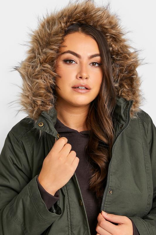 Plus Size Khaki Green Faux Fur Lined Hooded Parka | Yours Clothing 4