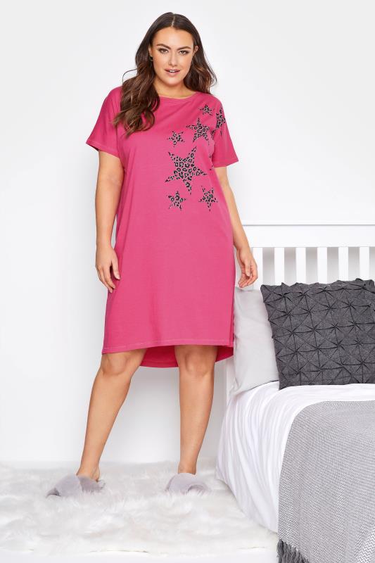 Plus Size Pink Leopard Print Star Nightdress | Yours Clothing 1