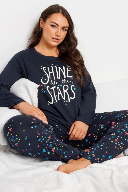 YOURS 4 PACK Plus Size Navy Blue Star Print Pyjama Set | Yours Clothing 2