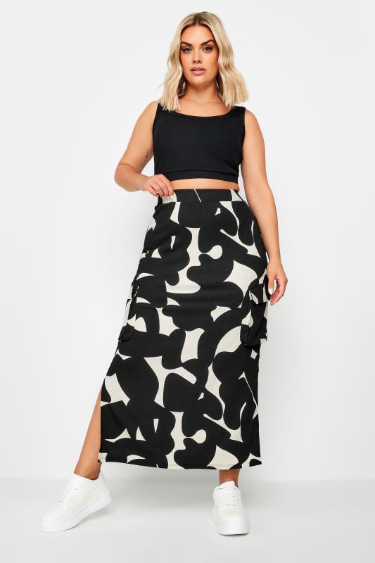 YOURS Plus Size Black Abstract Print Textured Utility Maxi Skirt | Yours Clothing 1