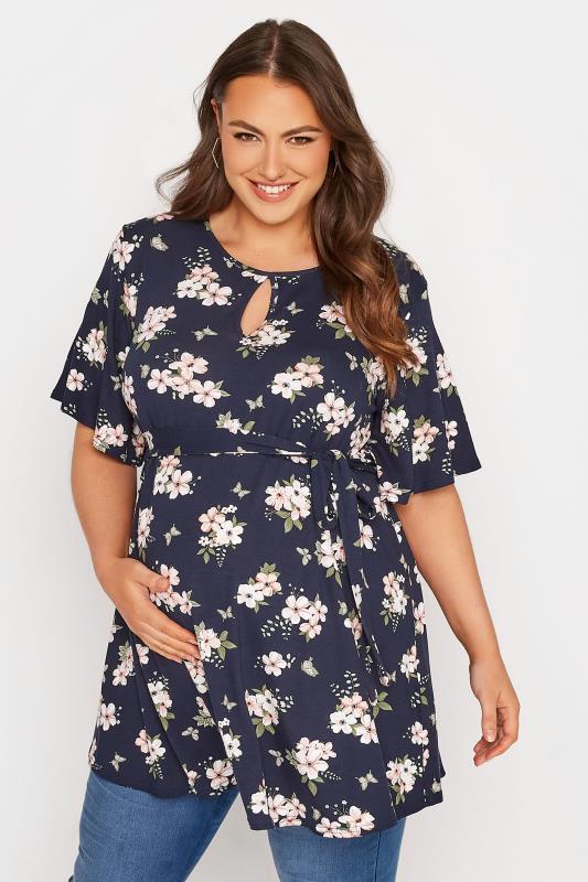 BUMP IT UP MATERNITY Plus Size Navy Blue Floral Keyhole Top | Yours Clothing 1