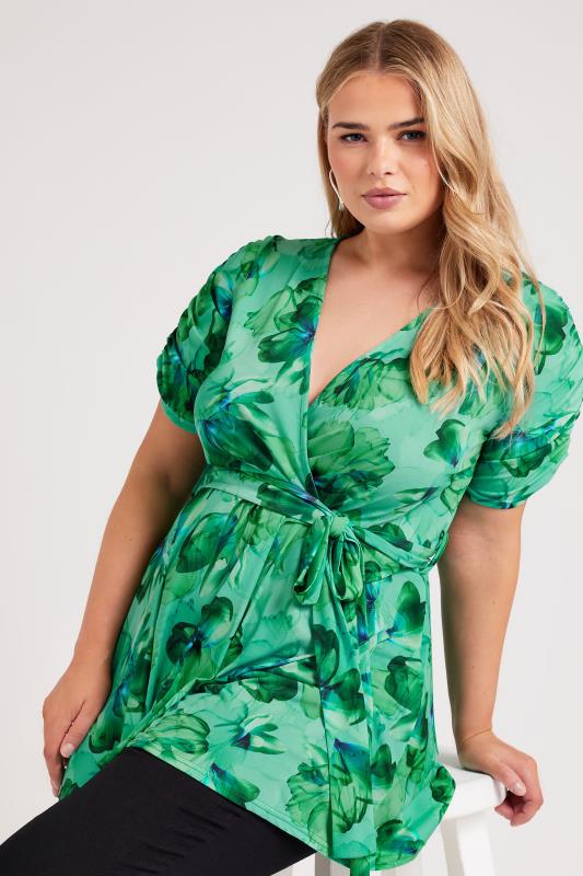 YOURS LONDON Plus Size Green Floral Print Wrap Top | Yours Clothing 1
