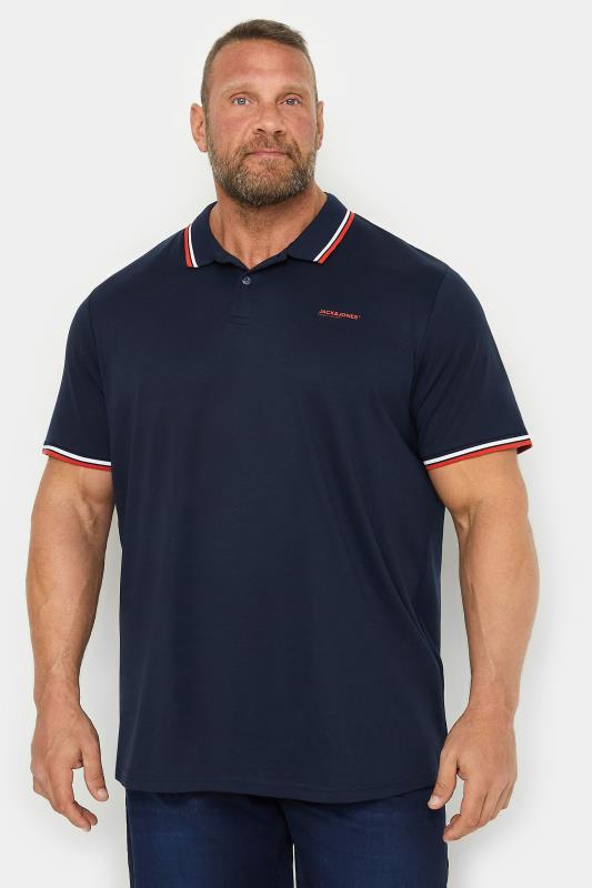 JACK & JONES Big & Tall Navy Blue Short Sleeve Logo Tipped Polo Shirt