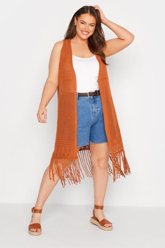Plus Size Brown Crochet Sleeveless Maxi Cardigan | Yours Clothing  1